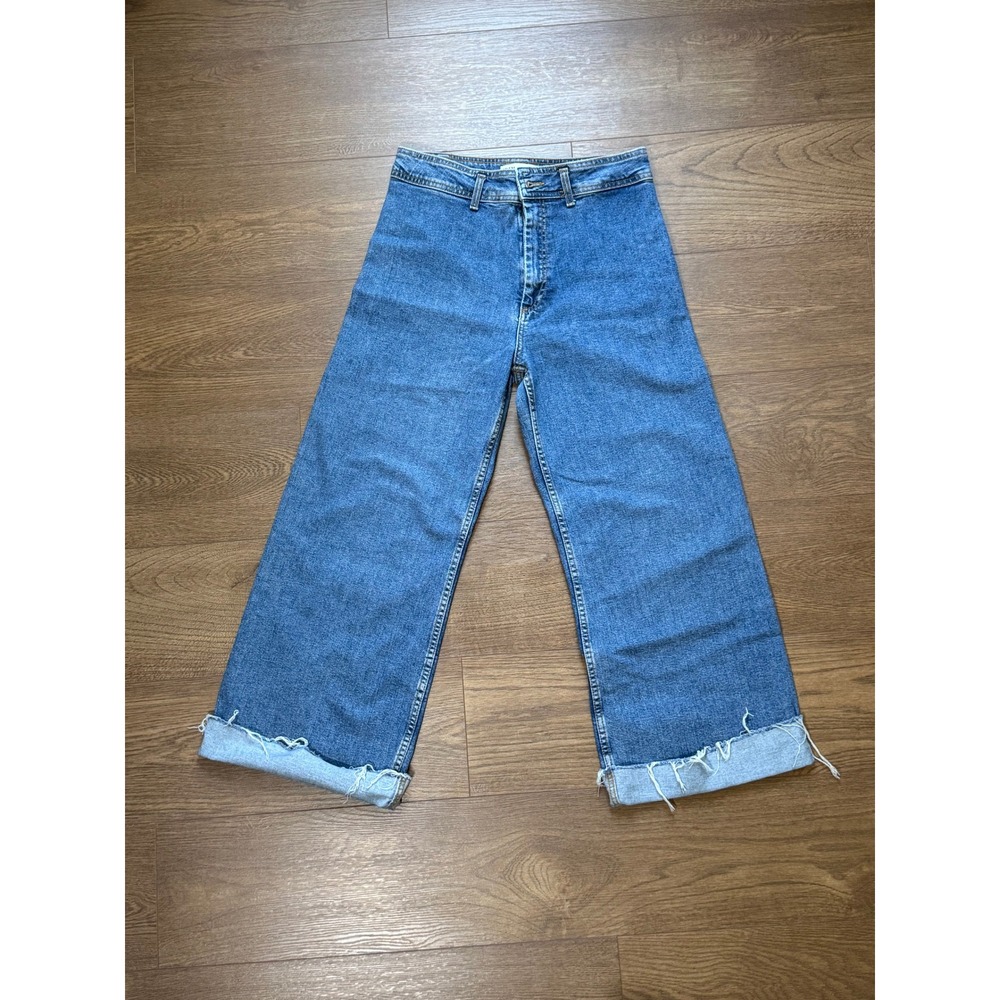 Zara High Waisted Wide Leg Jeans Blue Medium Wash Frayed Hem Size 10